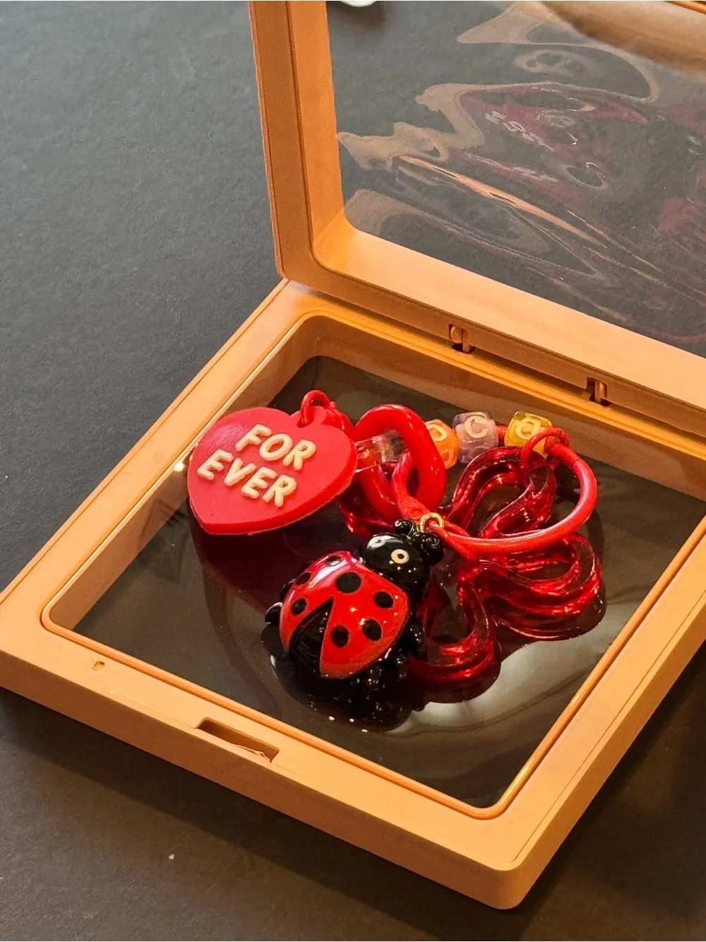 Red Ladybug Heart Charm Keychain for Kids - Playful Bag Accessory in Shadow Box